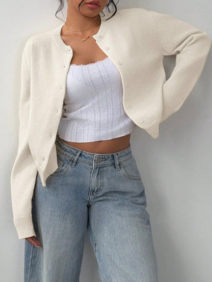 Chic Long Sleeved Knitted Cardigan Fashion Slim Solid Color Short Sweater For Women Clothing