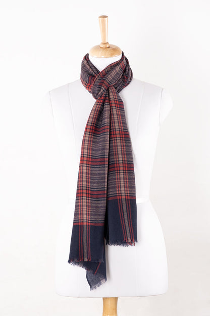 Yarn Dyed Checks and Stripes Twill Weave Merino Wool Scarf - Purple Pink Multi-1