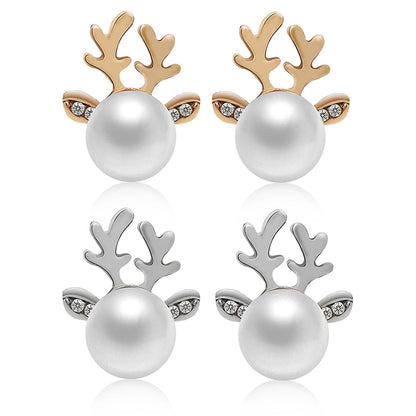 Stud Earrings Christmas Pearl Antlers Earrings