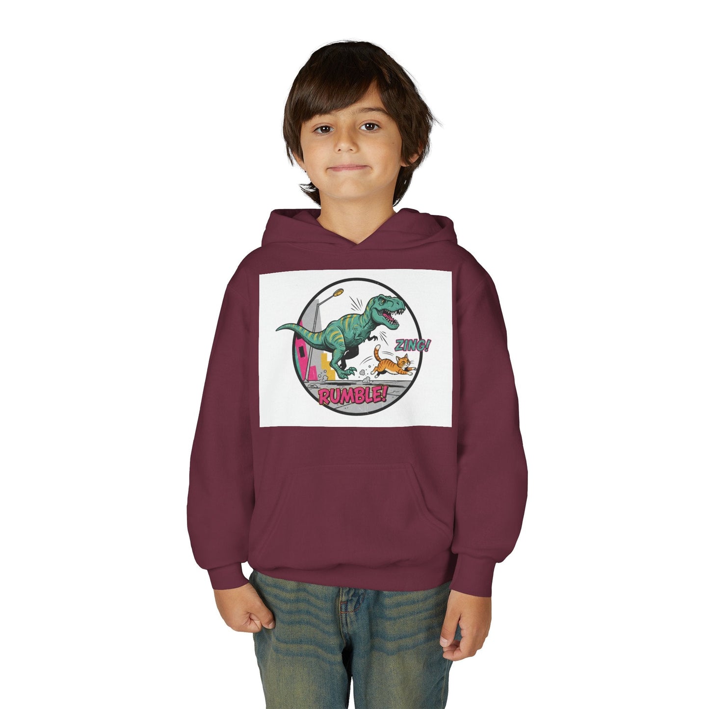 T-Rex Chase Dino Rumble Youth Hoodie | Dinosaur Graphic Sweatshirt