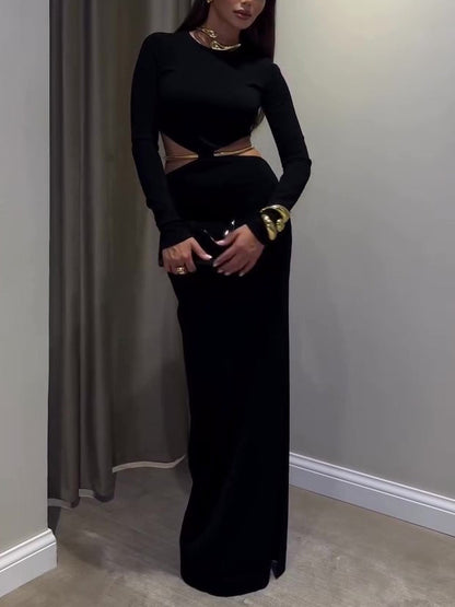 Black Cutout Waist Long-Sleeve Maxi Dress-Includes Waist Chain