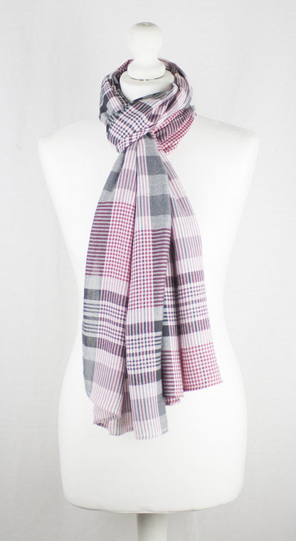 Checks and Stripes Textured Weave Viscose Scarf - Pink Black Off-White-1