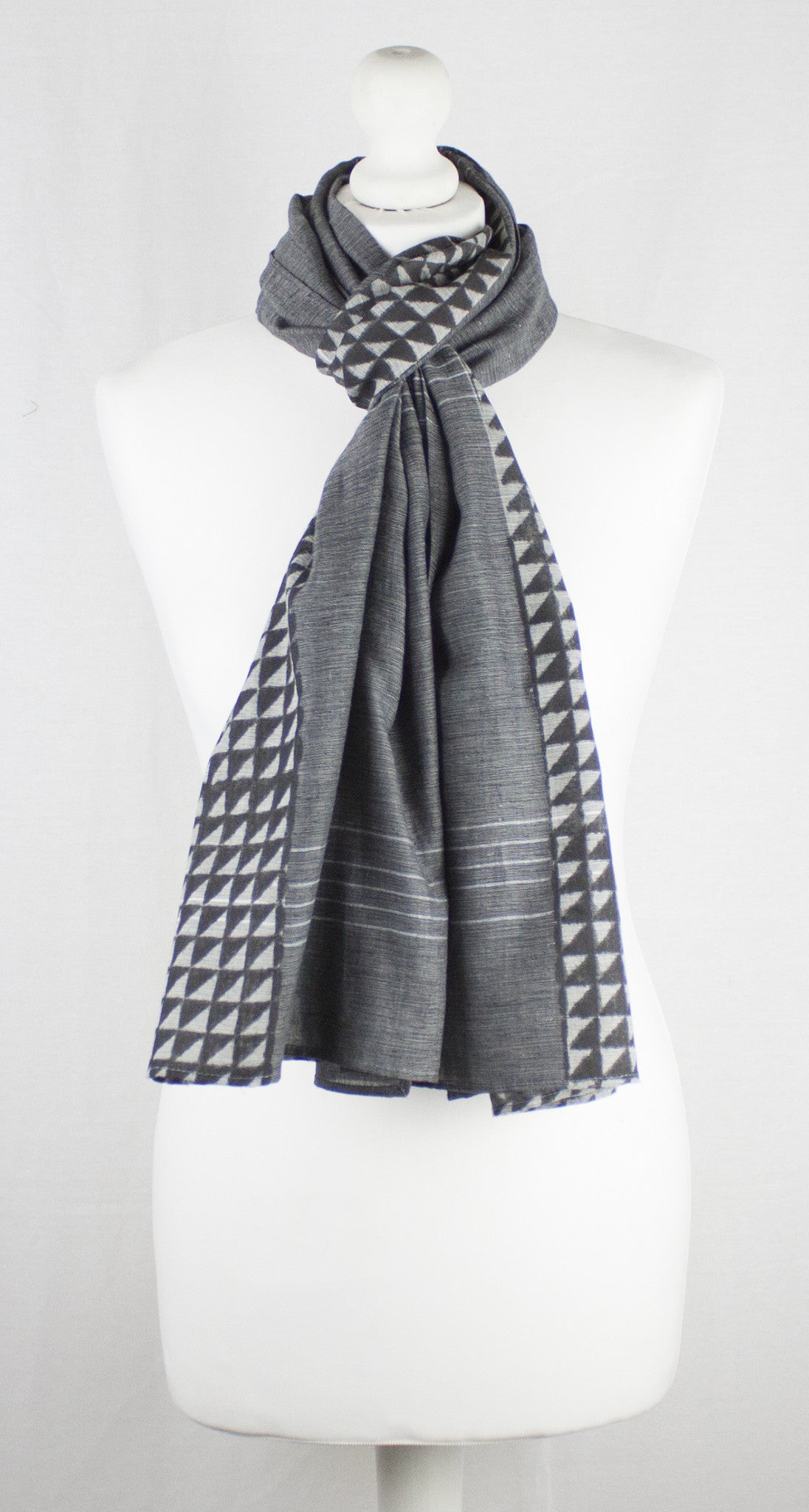 Triangle Print Chambray Cotton Scarf -  Grey Black-1
