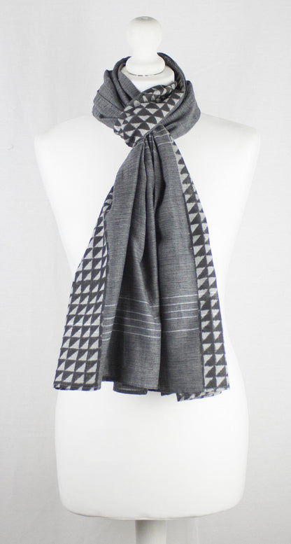 Triangle Print Chambray Cotton Scarf -  Grey Black-1