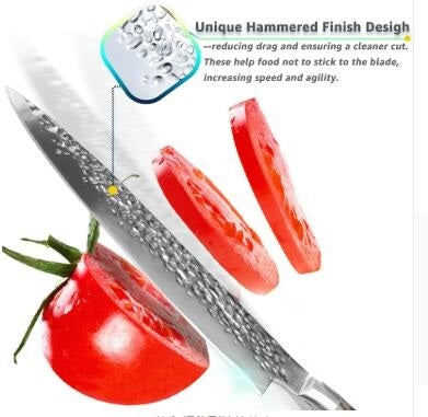 Kitchen Knife Professional Japanese Chef Knives cutting through tomatoes with a unique hammered finish design.