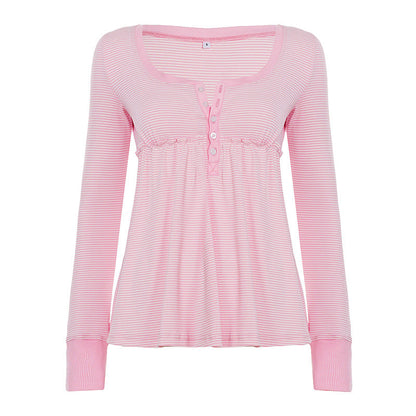 Soft Girl Pure Alluring Style U-Neck Semi-Open Collar Striped Knit Sweater