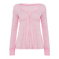 Soft Girl Pure Alluring Style U-Neck Semi-Open Collar Striped Knit Sweater