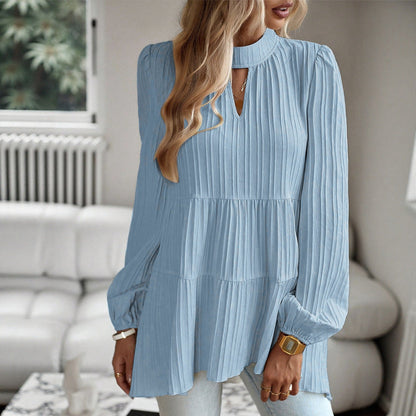 Women's Puff-sleeve A-line Solid-color Long-sleeve Shirt