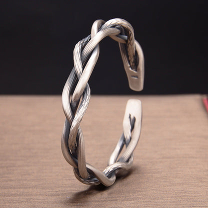 Sterling Silver Retro Three-strand Twist Bracelet Light Luxury All-match Elegant Couple Jewelry Adjustable Opening