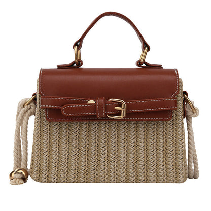 Fashion Box Rattan Women Handbags Wicker in brown and tan woven design with soft handle and buckle closure.