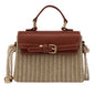 Fashion Box Rattan Women Handbags Wicker in brown and tan woven design with soft handle and buckle closure.