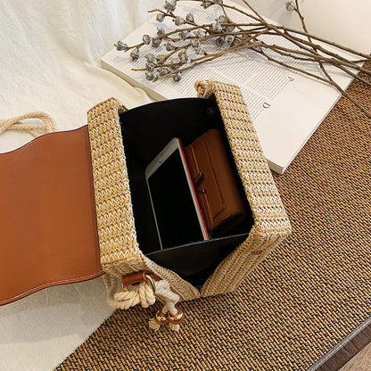Fashion Box Rattan Women Handbags Wicker featuring a woven design and soft handle, showing inside with essentials.