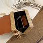 Fashion Box Rattan Women Handbags Wicker featuring a woven design and soft handle, showing inside with essentials.