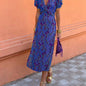 Summer V-neck Short-sleeved Dress Fashion Flowers Printed Slim Beach Dresses For Women Clothing