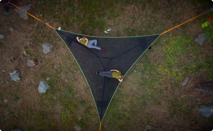Multi-Person Hammock Three Point Design Portable Hammock Multi-functional Triangle Aerial Mat in use with two people relaxing.