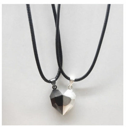 Attractive Wishing Stone Couple Pendant Necklace Ancient Love Token Heart-shaped Electrocardiogram Magnetic Heart Pendant Splicing Necklace Valentine's Day Gift