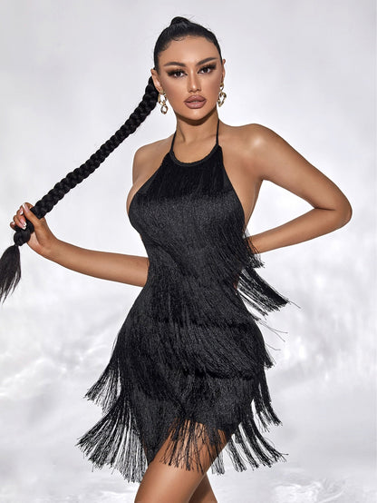 SXY Layered Fringe Trim Tie Backless Halter Dress