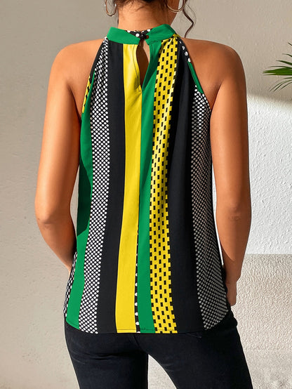 Frenchy Polka Dot Print Key Hole Back Halter Neck Blouse