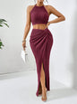 Privé Solid Crop Halter Top & Twist Front Split Thigh Skirt