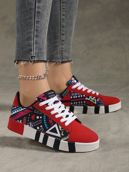 Women's Casual Low-cut Skate Shoes, Geometric Print, Stylish, Comfortable, Breathable, Suitable For Men And Women, Ideal For Daily Wear, Outdoor Activities, Hiking, Festivals And Parties