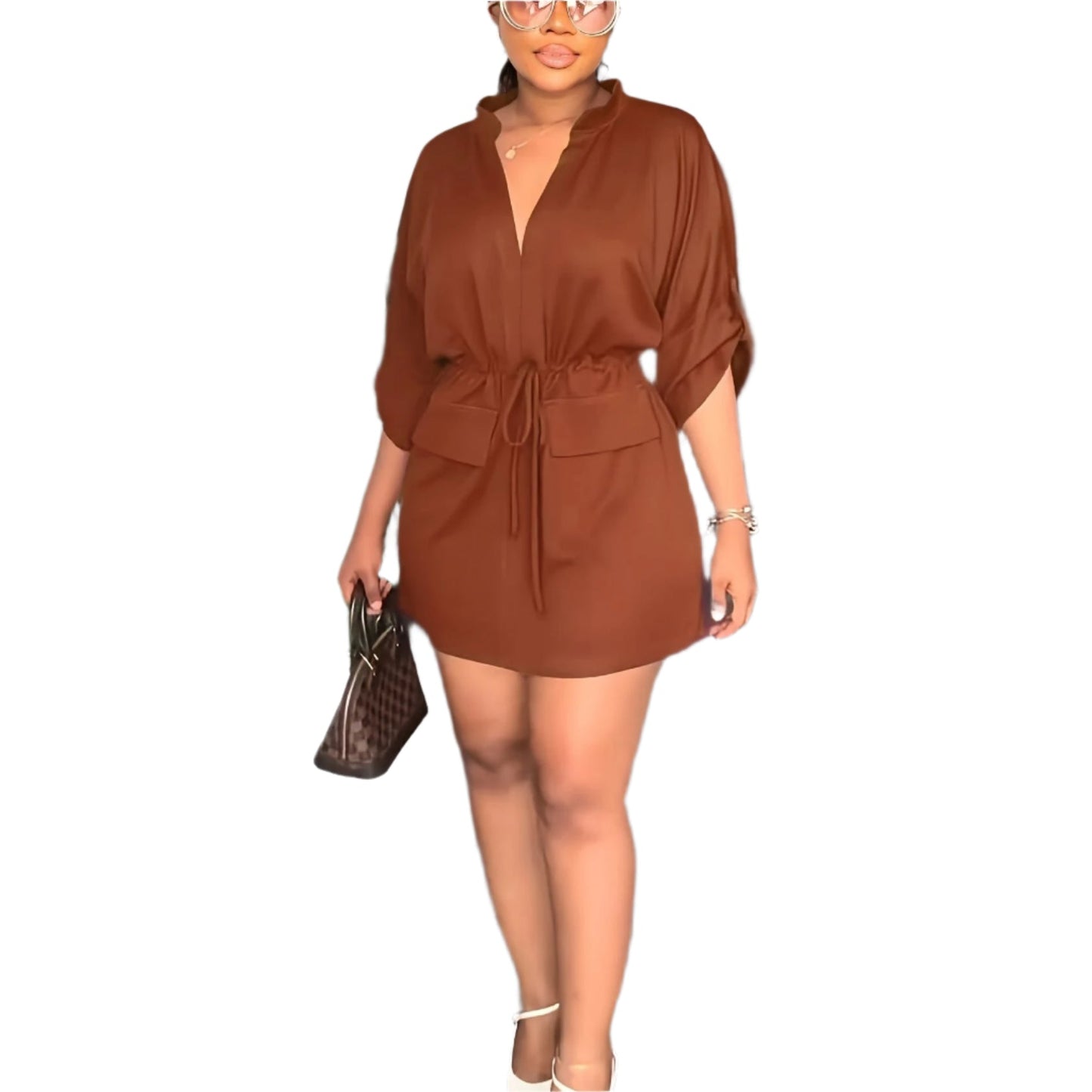 Casual Solid Drawstring Waist V Neck Rollable Sleeve Dress, Women's Clothing