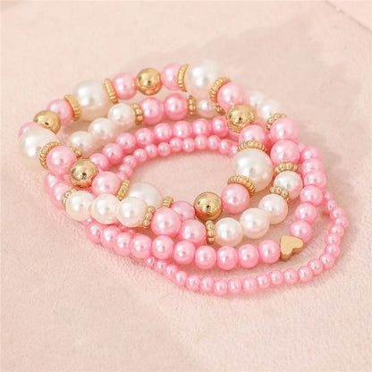 4pcs Set Simple White Faux Pearls Beads Beaded Heart Temperament Bracelet Set Elegant Handmade Hand String Jewelry Accessory