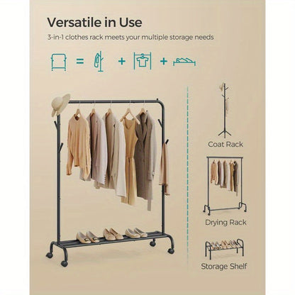 Clothes Rail, Clothes Rack, Single Clothes Hanging Rail, Heavy-Duty Metal Frame, with Wheels and Shelf, 50 kg Total Max. Load, 103. 5 cm Wide, Clothing Storage