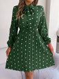 Women’s Polka Dot Pleated Dress – Self-Tie Waist & Long Sleeves