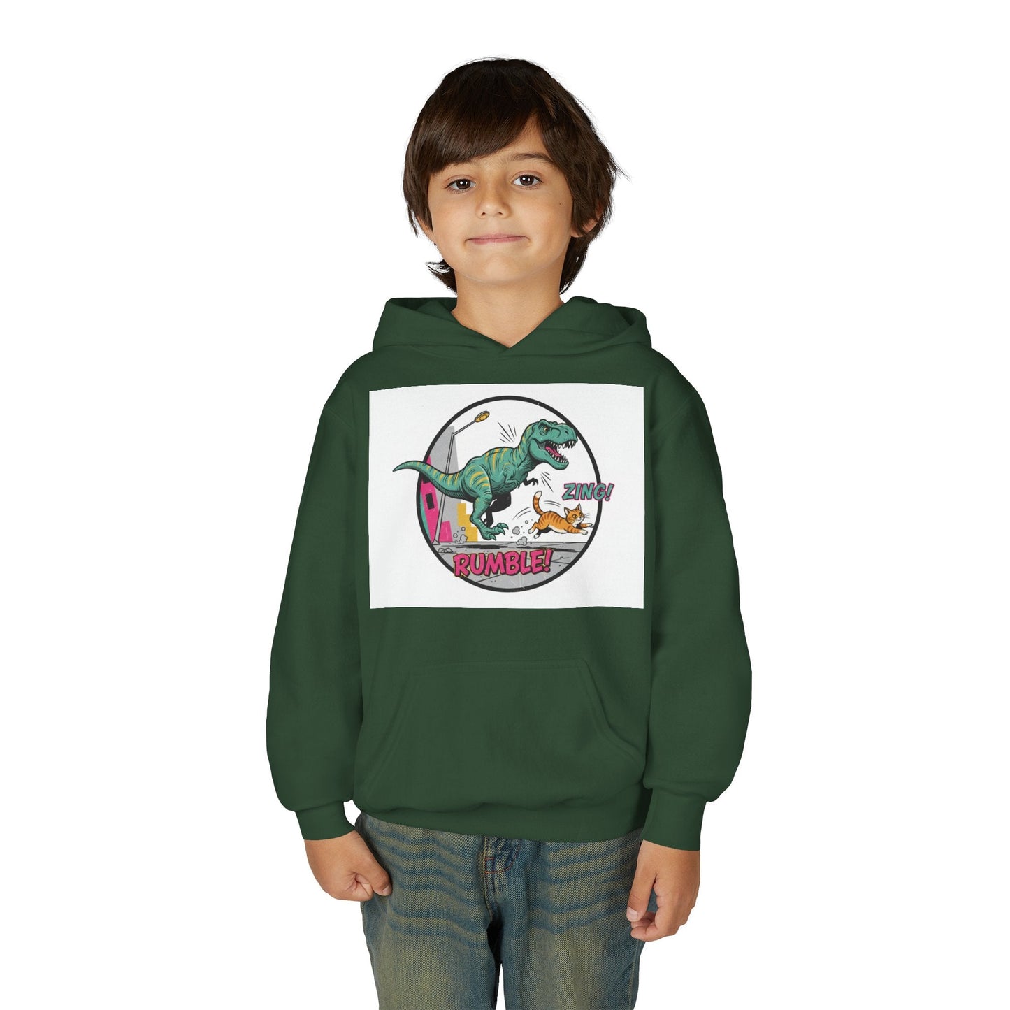 T-Rex Chase Dino Rumble Youth Hoodie | Dinosaur Graphic Sweatshirt