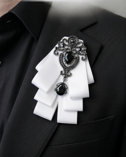 Ornate Black Gem & White Ribbon Bow Tie Brooch