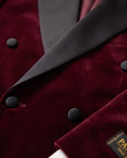 Burgundy Double Breasted Velvet Tuxedo Blazer