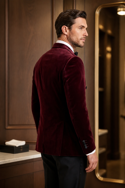 Burgundy Double Breasted Velvet Tuxedo Blazer
