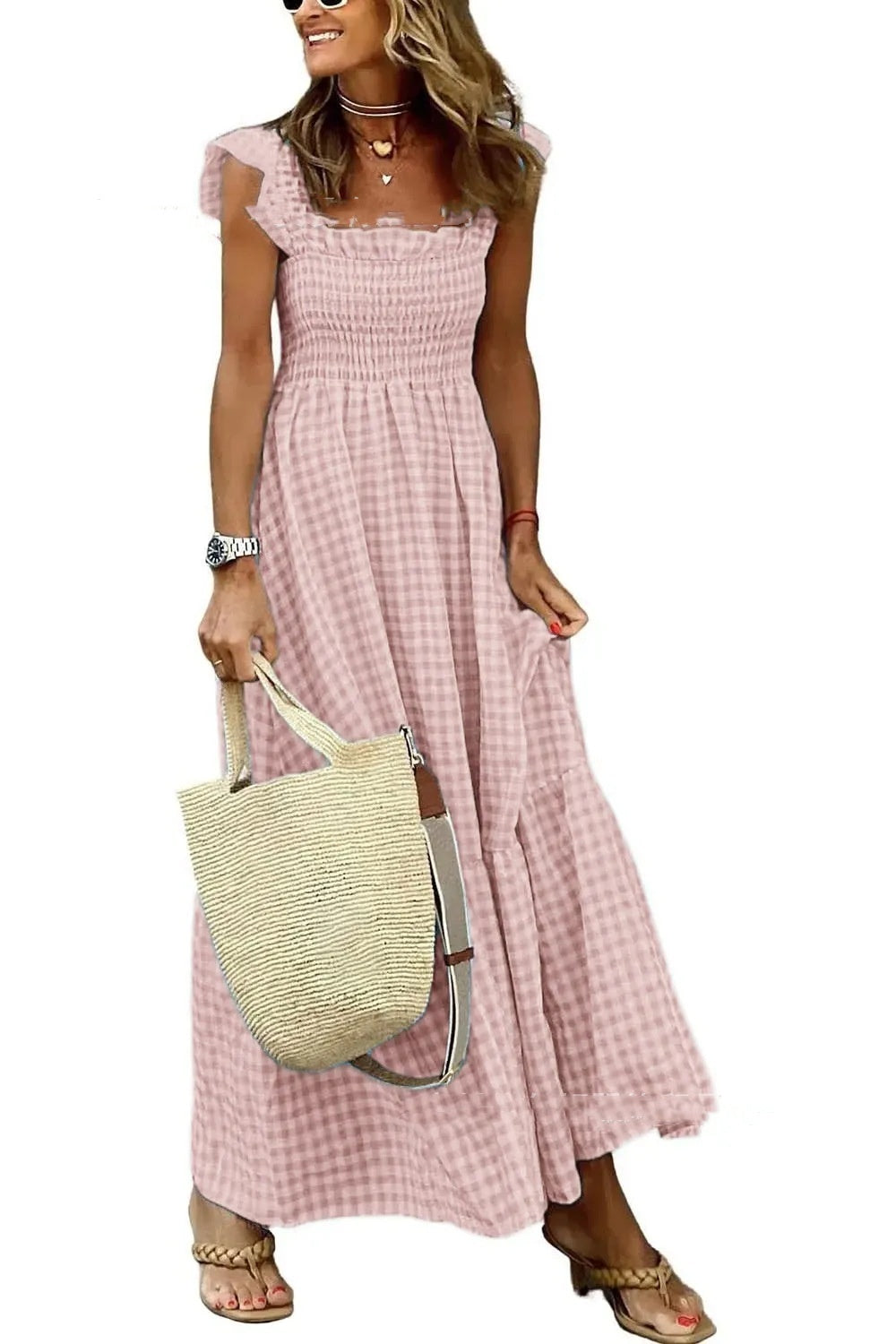 Summer Plaid Print Pleated Ruffle Dress INS Fashion Sleeveless A-line Swing Beach Dress Women's Clothing