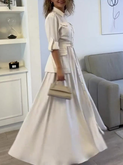 Solid Color Long Sleeve Shirt Belt Dress