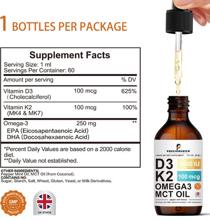 Vitamin D3K2 Liquid Drops,Vitamin D3:4000iu & Vitamin K2:100MCG,Peppermint Flavoured, 60ml