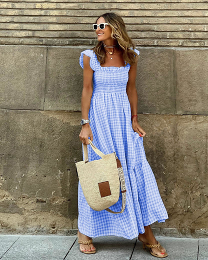 Summer Plaid Print Pleated Ruffle Dress INS Fashion Sleeveless A-line Swing Beach Dress Women's Clothing