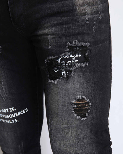 Graffiti Ripped Black Jeans with Irregular Wash