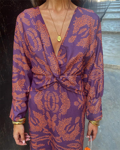 Sophia | Vintage Printed V-Neck Long-sleeve Elegant Dress