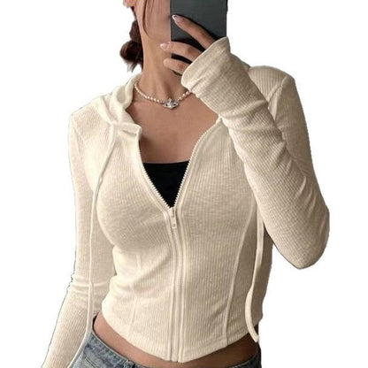 Top Slim Fit Sports Hoodie Short Zipper Hooded Sweatshirt