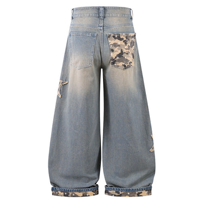 Camouflage Patchwork Star Patch Jeans For Men And Women Couples