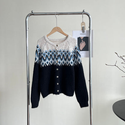Contrast Color Jacquard Thickened Sweater Coat Women