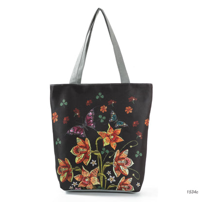 Ink Painting Flower Shoulder Bag Female Printed Flowers Zip Shopping Bag