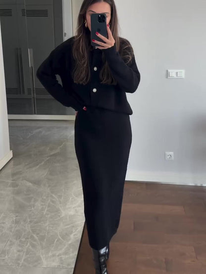 Women's 2-Piece Cardigan & Maxi Skirt Suit Set - Elegant Co-ord Outfit