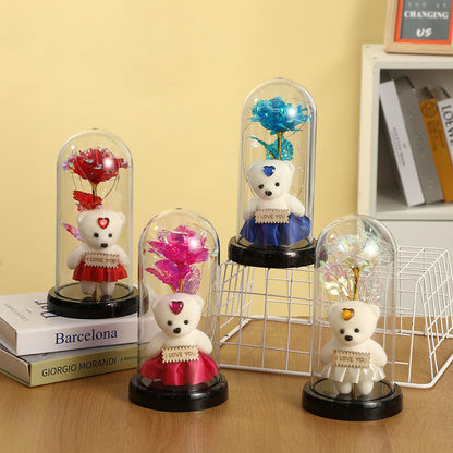 Rose Bear Preserved Fresh Flower Glass Cover Valentine's Day LED Light Decoration Gift