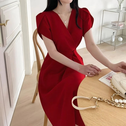 Women's Solid-Color French-Style Cross-Neckline Lace-Up Bud Dress