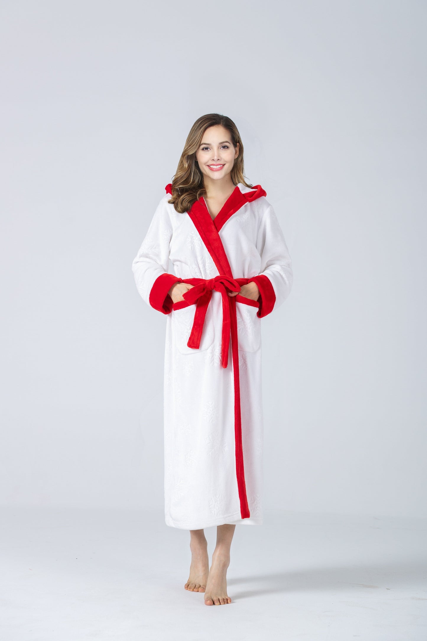 RONGTAI Womens Plush Fleece Hooded Bathrobe, Thick Nightgown Long Robe Sleepwear With Two Side Pockets And Belt
