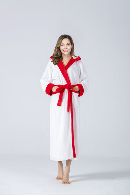 RONGTAI Womens Plush Fleece Hooded Bathrobe, Thick Nightgown Long Robe Sleepwear With Two Side Pockets And Belt