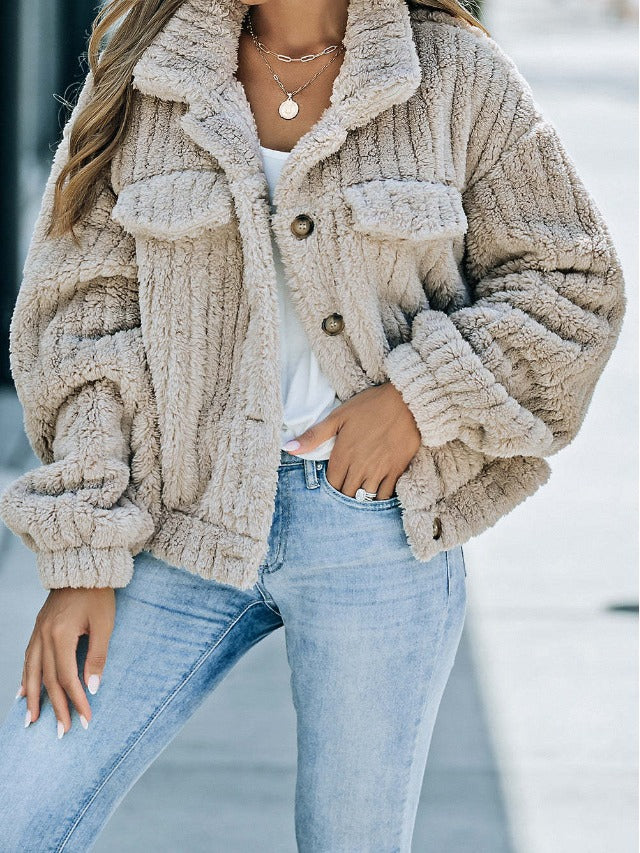 Lapel Bag Cover With Fleece Comfort Casual Women's Thick Plush Coat