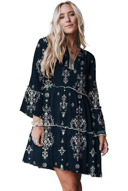 Women's V-neck Printed Ruffle Pleated Elegant Dress