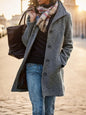 Women's Casual Tweed Coat - Solid Color Mid-Length H-Silhouette Button Front Long Sleeve